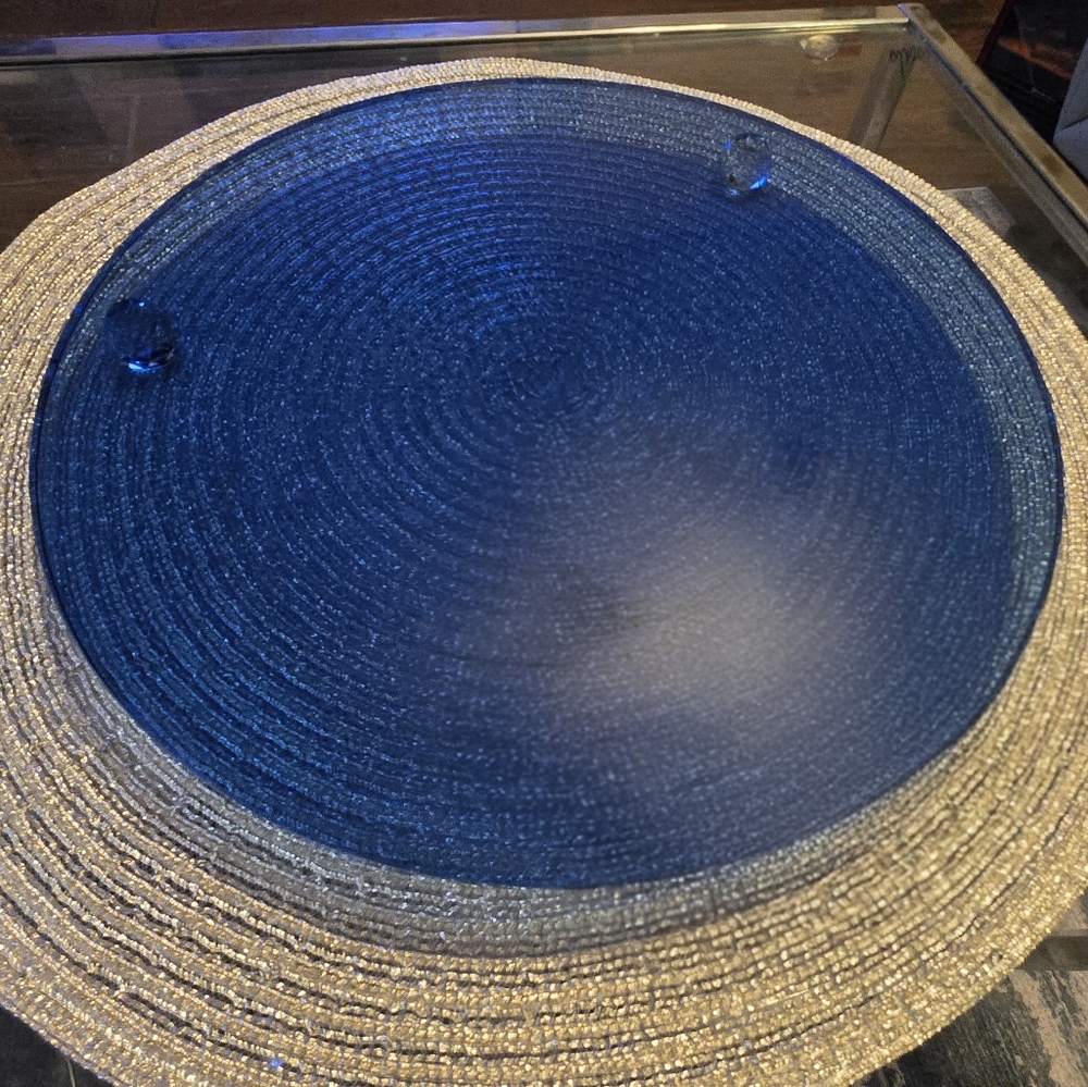 Vtg Oleg Cassini Cobalt Blue Glass Cake Stand Platter Crystal Ball Feet Signed